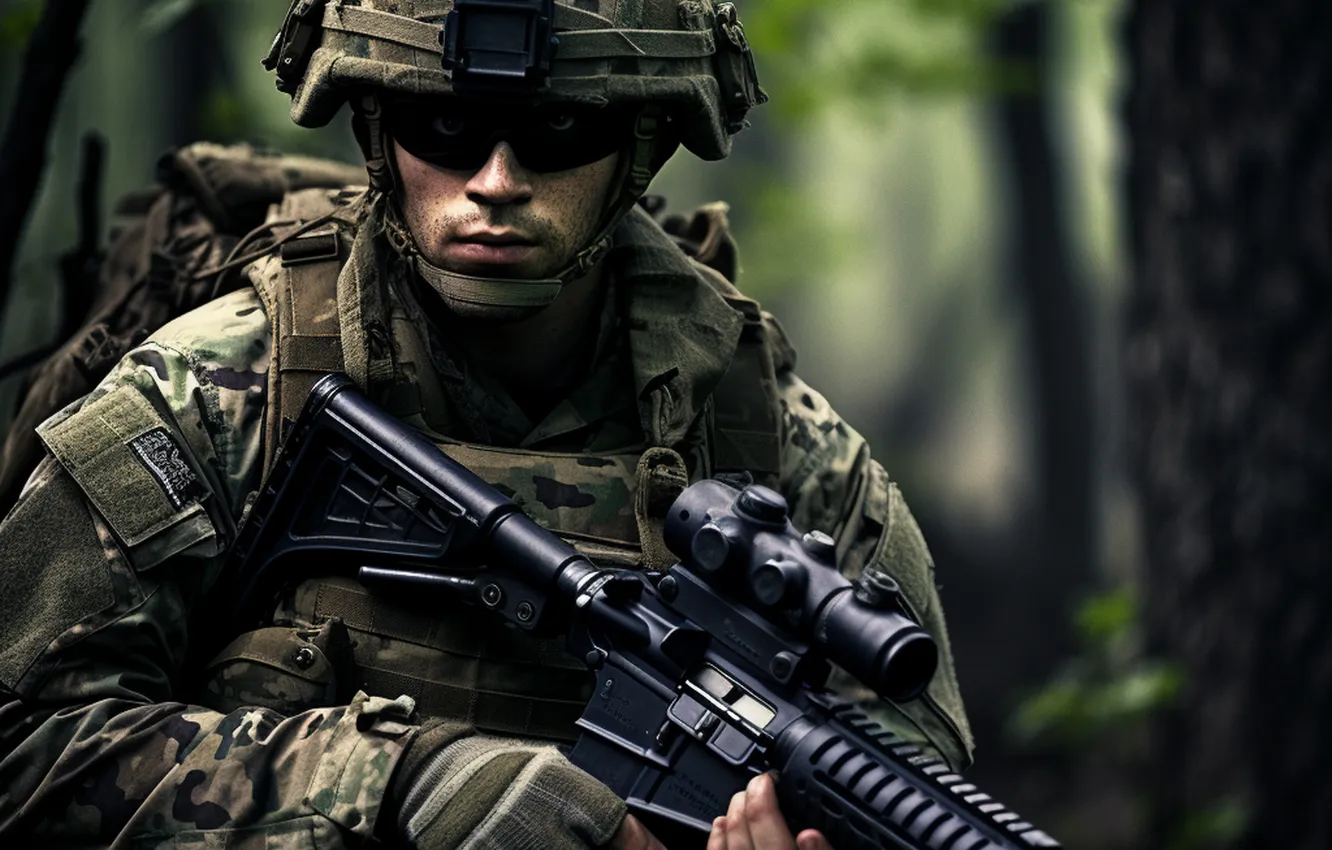 Photo wallpaper soldiers, machine, male, helmet, digital art, AI art, The Art of Artificial Intelligence, neural network