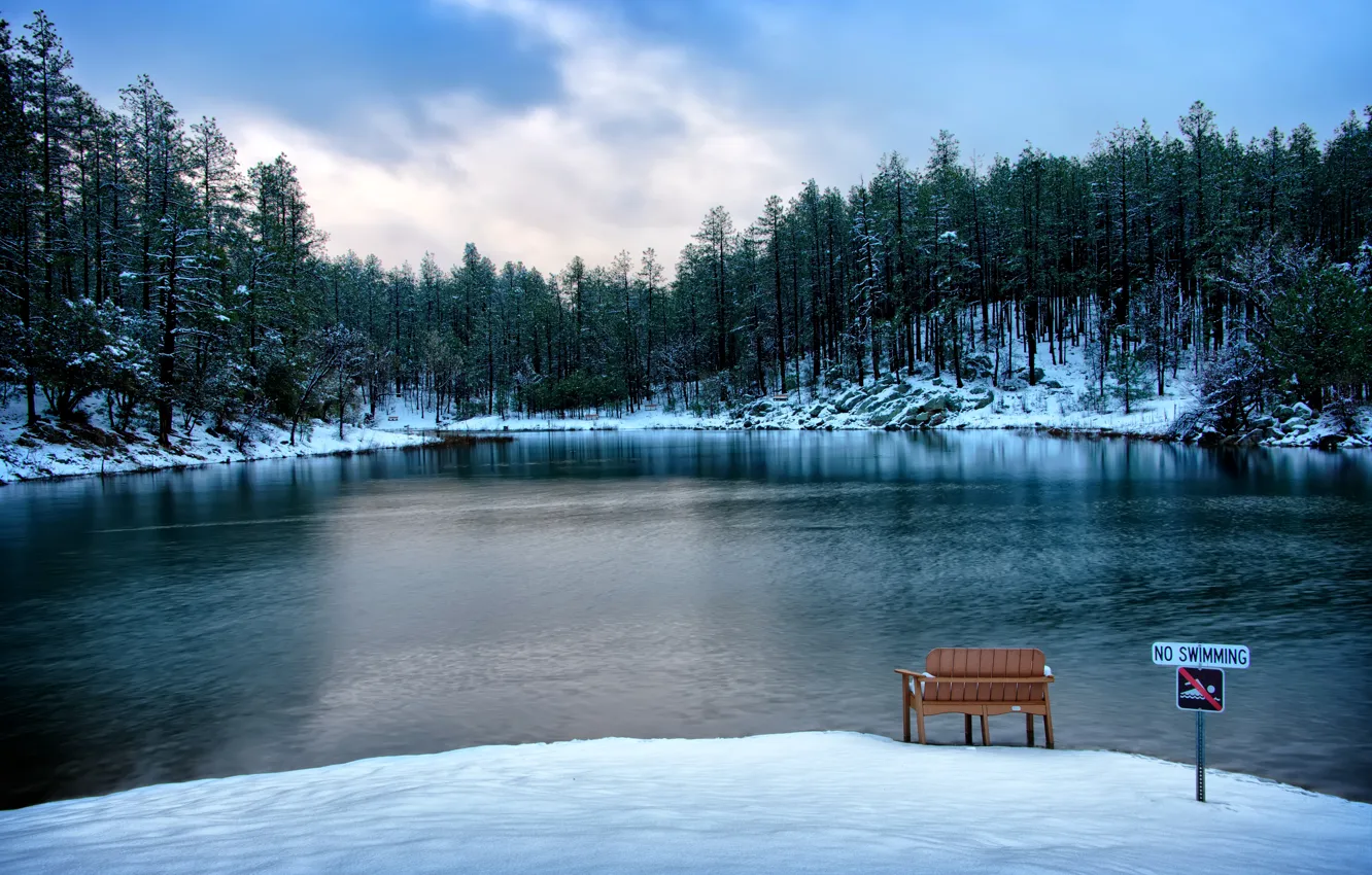 Photo wallpaper Winter, Lake, Snow, Bench, Forest, USA, Arizona, Prescott