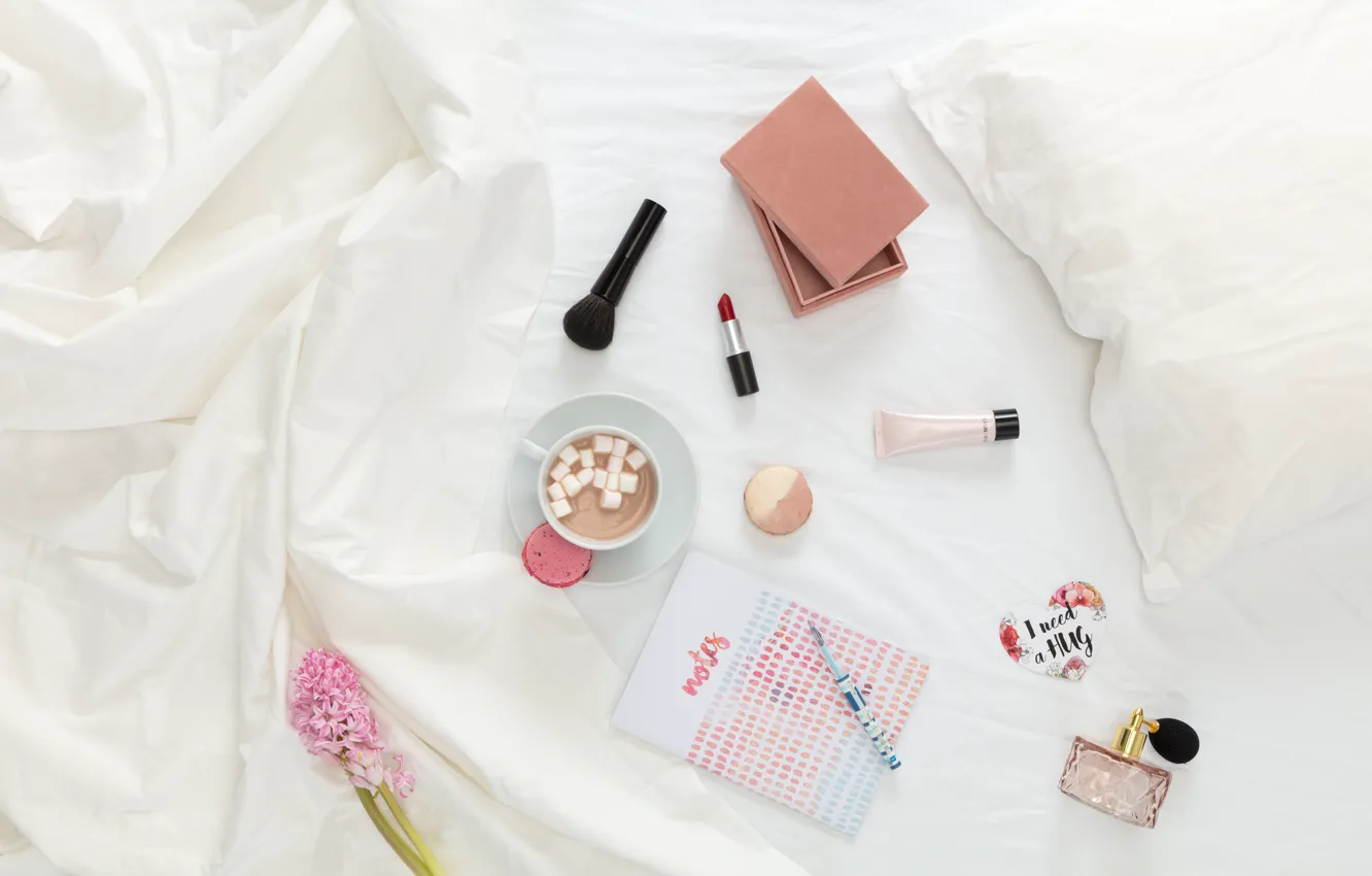 Photo wallpaper coffee, morning, makeup, handle, Notepad, cosmetics, Marshmallow, Ladies