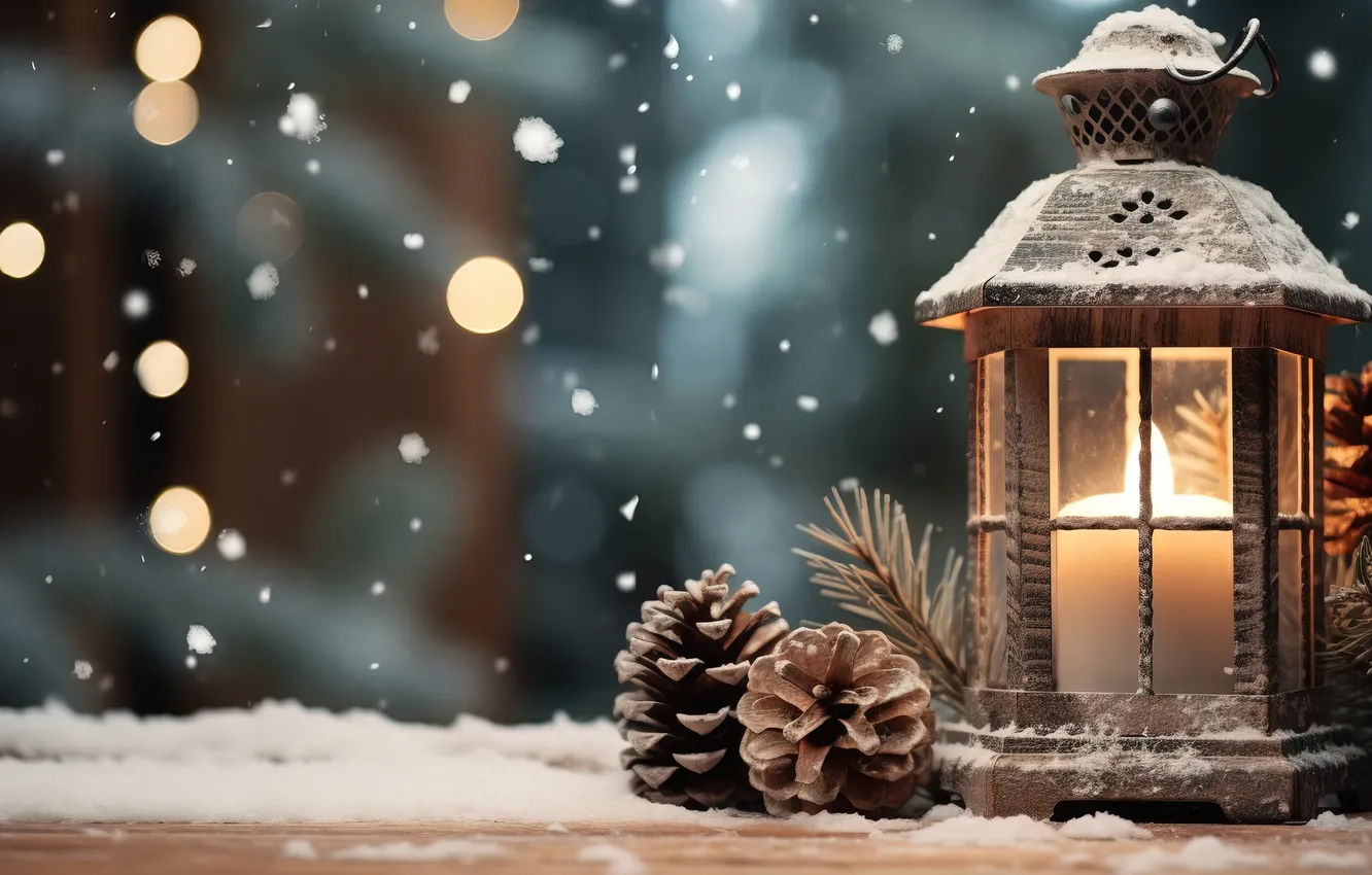 Photo wallpaper winter, snow, night, new year, Christmas, lights, Christmas, night
