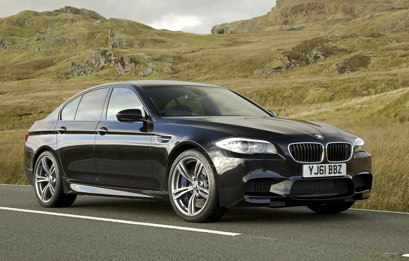 Photo wallpaper road, hills, black, BMW, BMW, sedan, the front