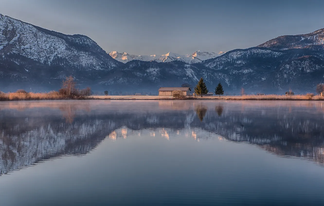 Photo wallpaper the sky, trees, mountains, lake, home, Germany, Bayern