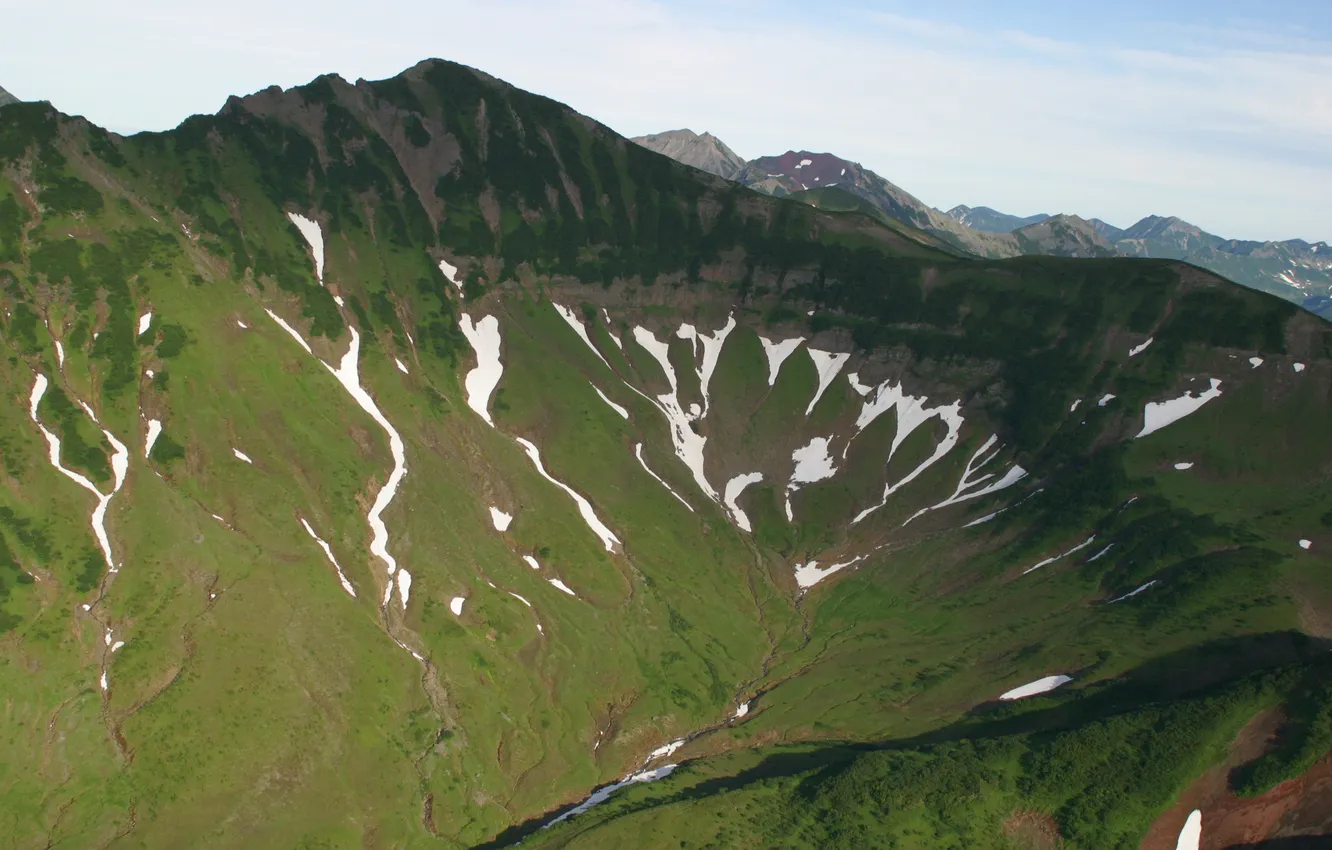 Photo wallpaper grass, snow, mountains, photo, gorge, Kamchatka