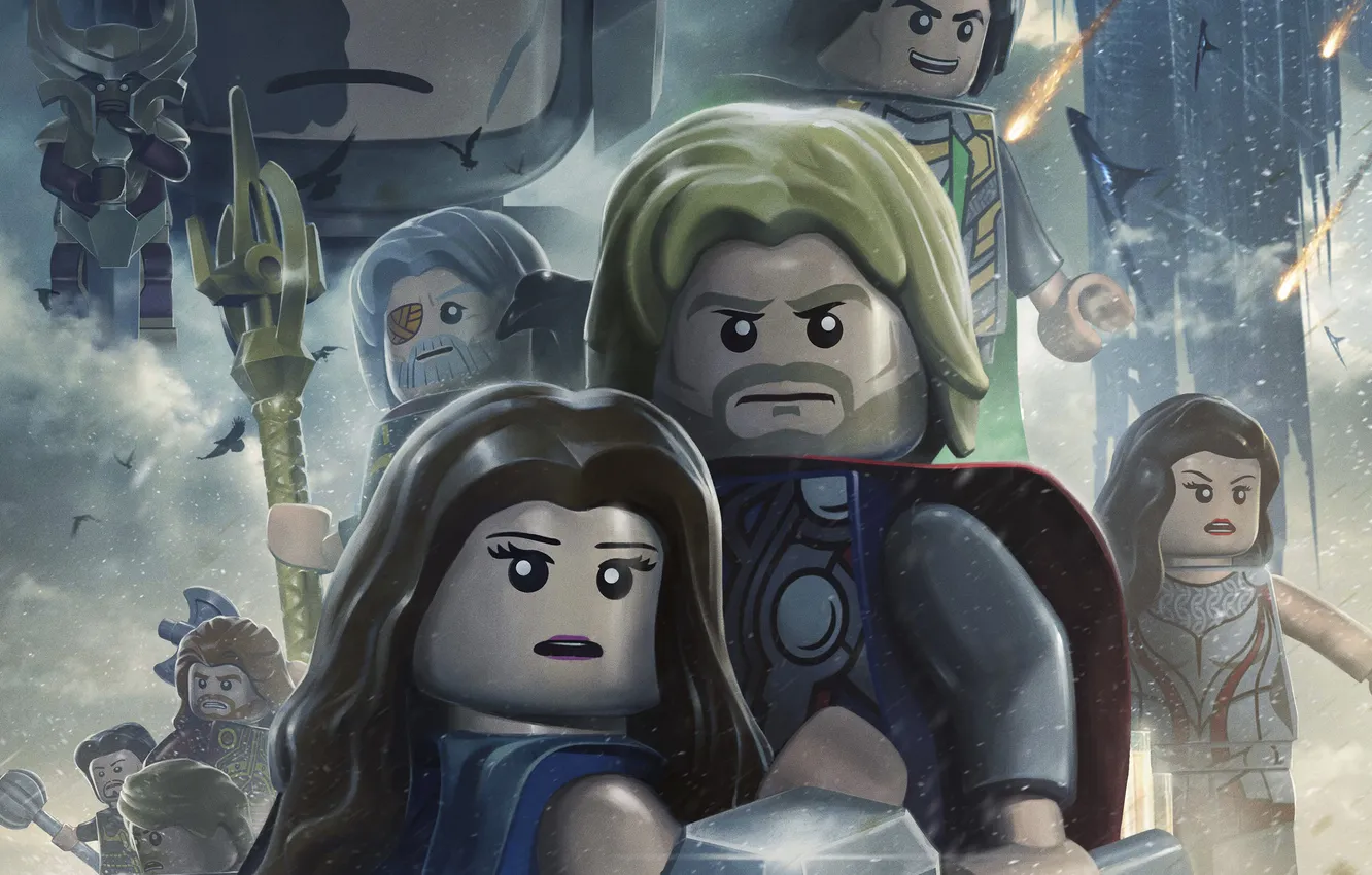 Photo wallpaper clouds, bird, tower, hammer, staff, LEGO, Thor, DLC