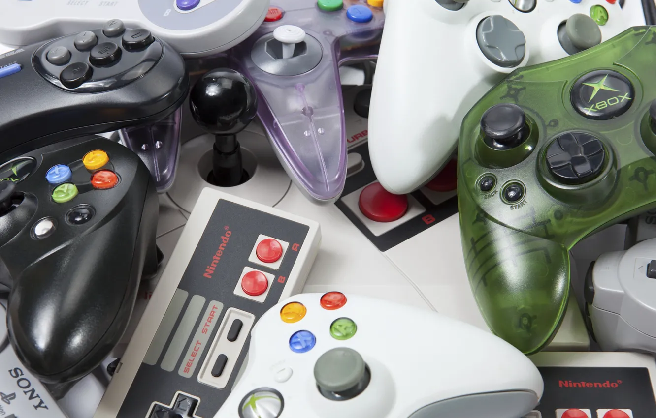 Photo wallpaper plastic, retro, buttons, controls consoles, different companies