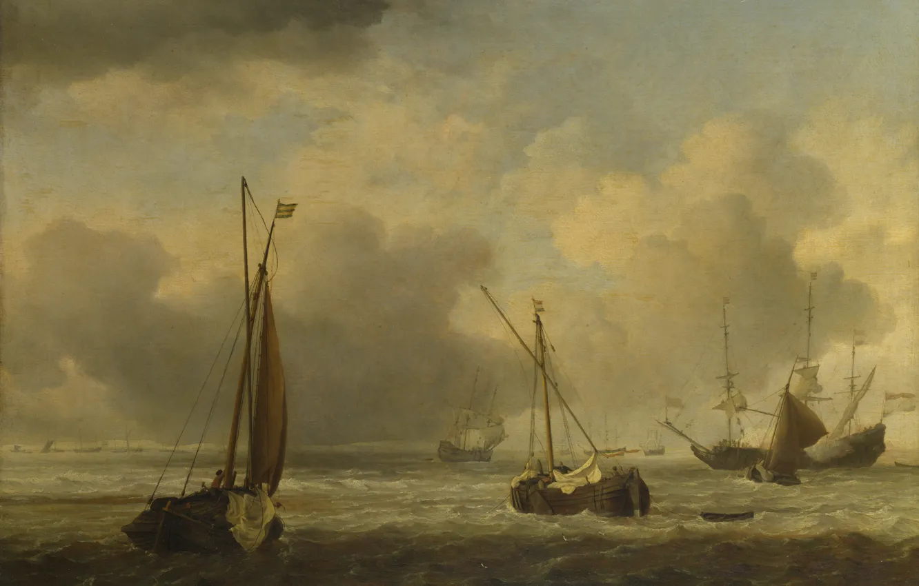 Photo wallpaper painting, seascape, Willem van de Velde, Velde Willem van de Jr., Dutch ships and small …