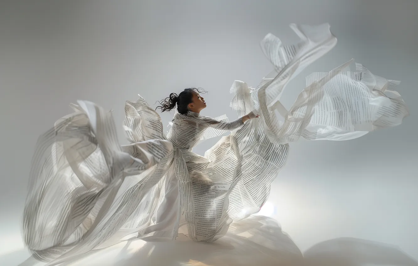 Photo wallpaper look, girl, pose, the inscription, dress, fabric, Asian, AI art