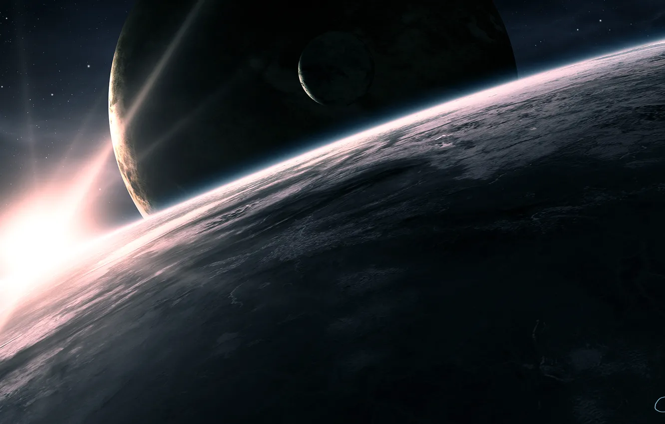 Photo wallpaper space, stars, light, planet, satellite