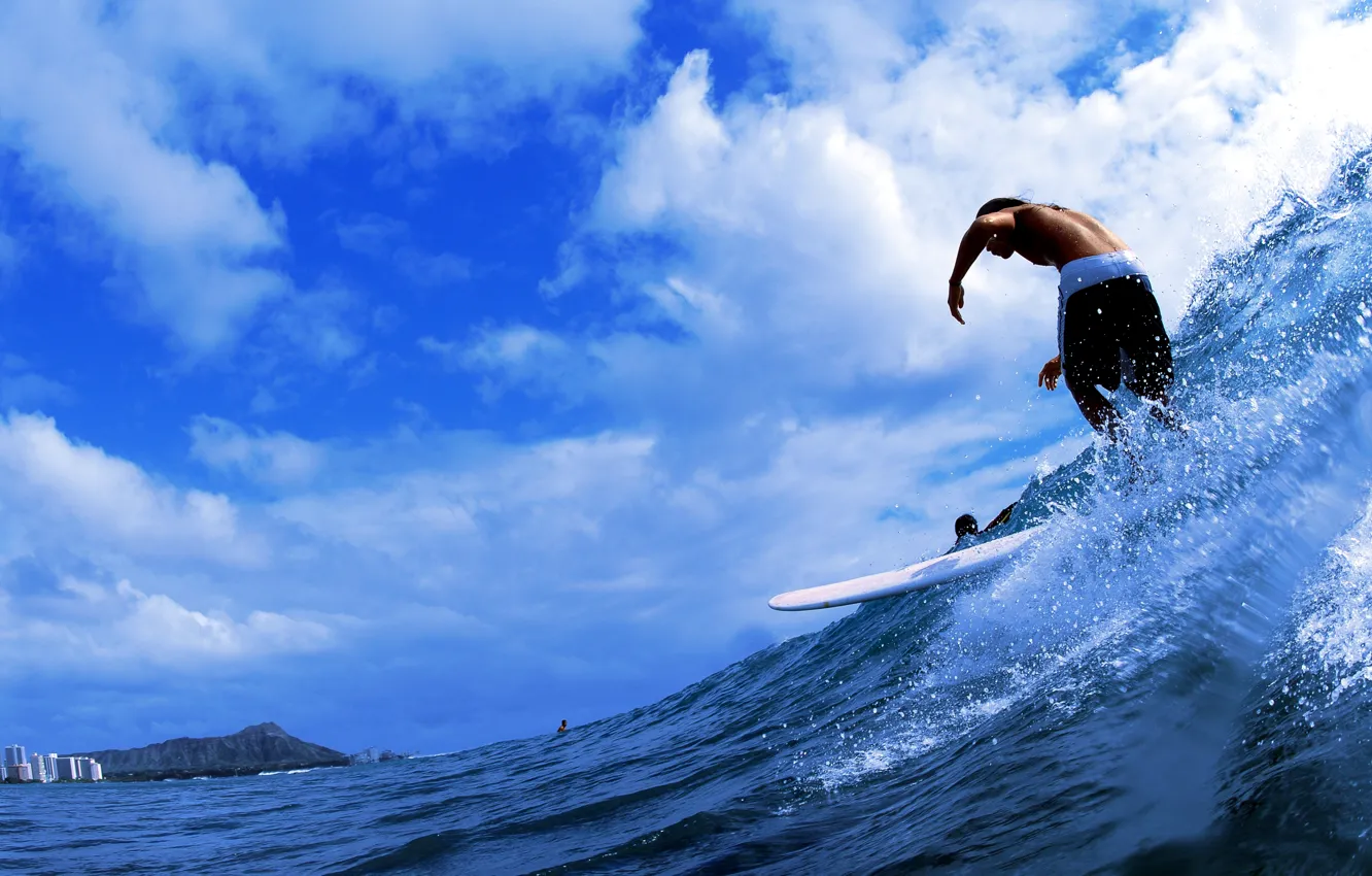 Photo wallpaper sea, clouds, squirt, wave, guy, surfing