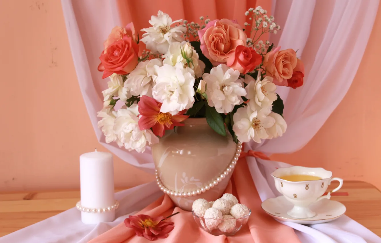 Photo wallpaper tea, roses, candle, necklace, candy, fabric, still life