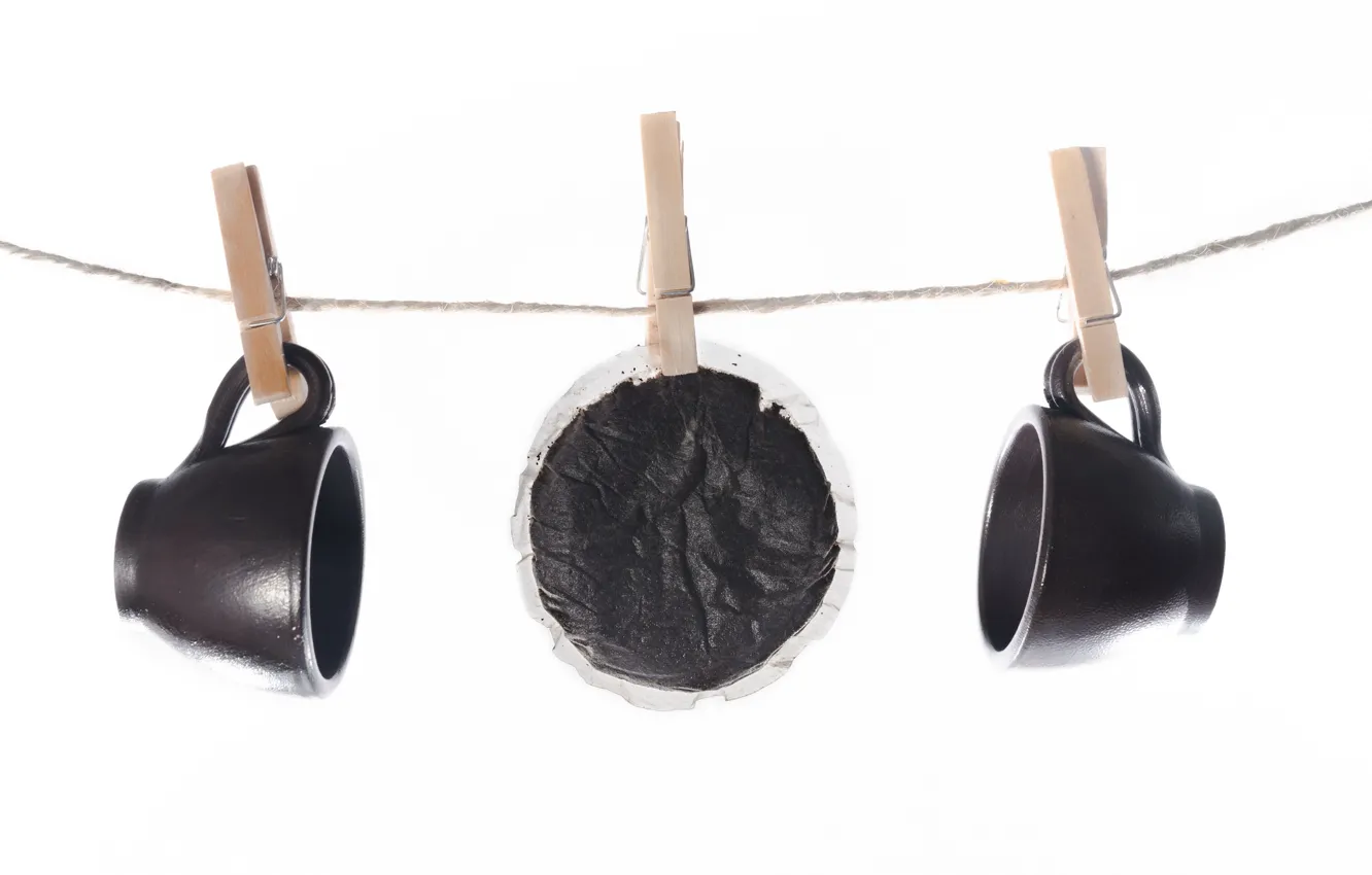 Photo wallpaper mug, clothespins, cord