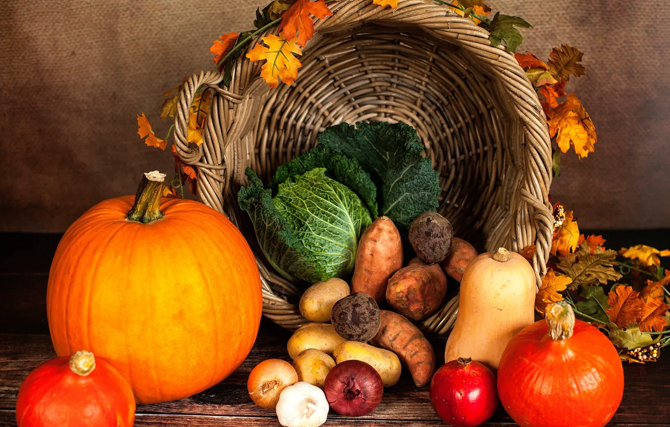 Photo wallpaper autumn, leaves, table, basket, yellow, bow, pumpkin, vegetables