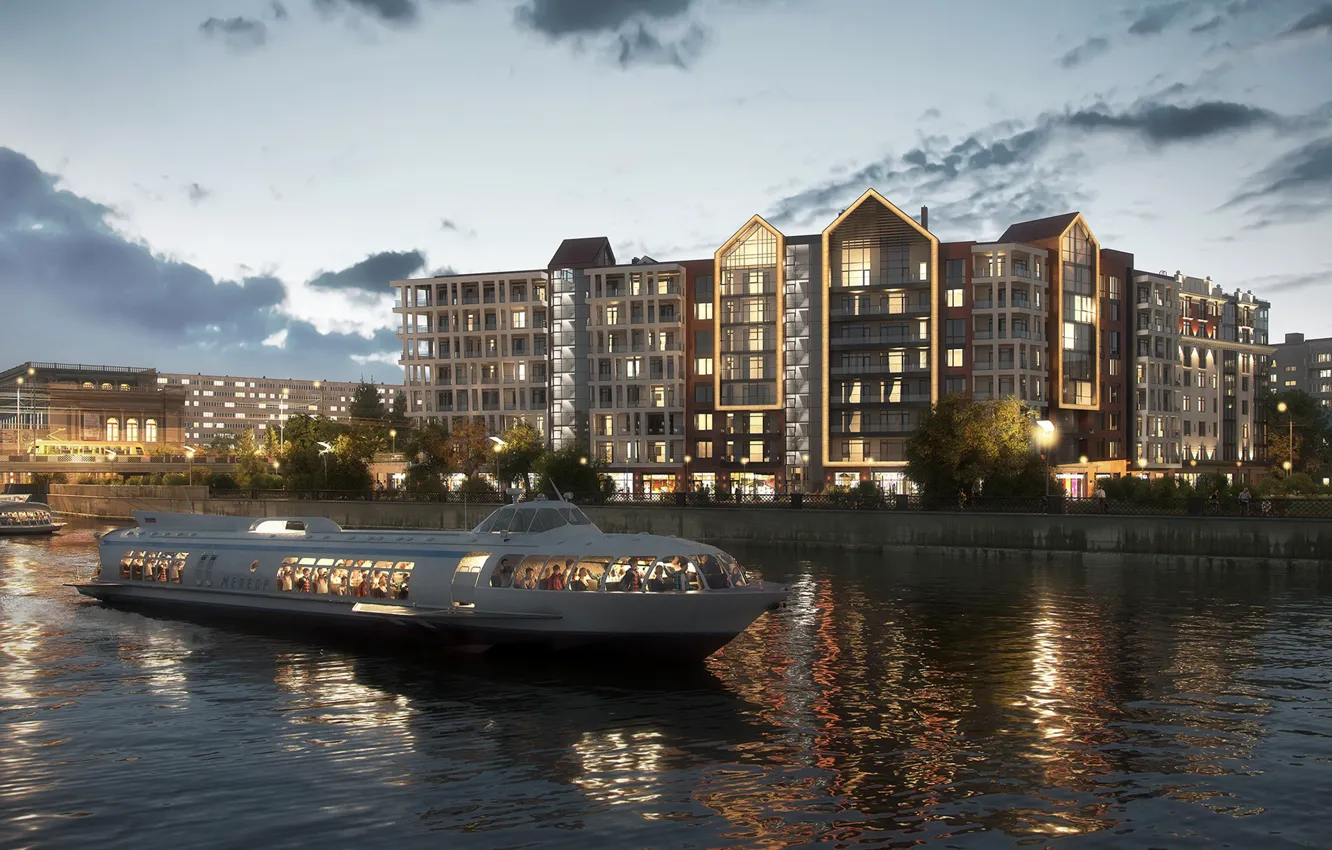 Photo wallpaper river, transport, people, building, Residential complex on the waterfront