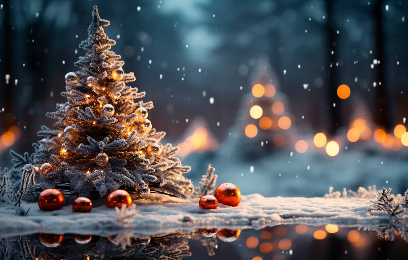 Photo wallpaper winter, forest, snow, decoration, night, lights, tree, New Year