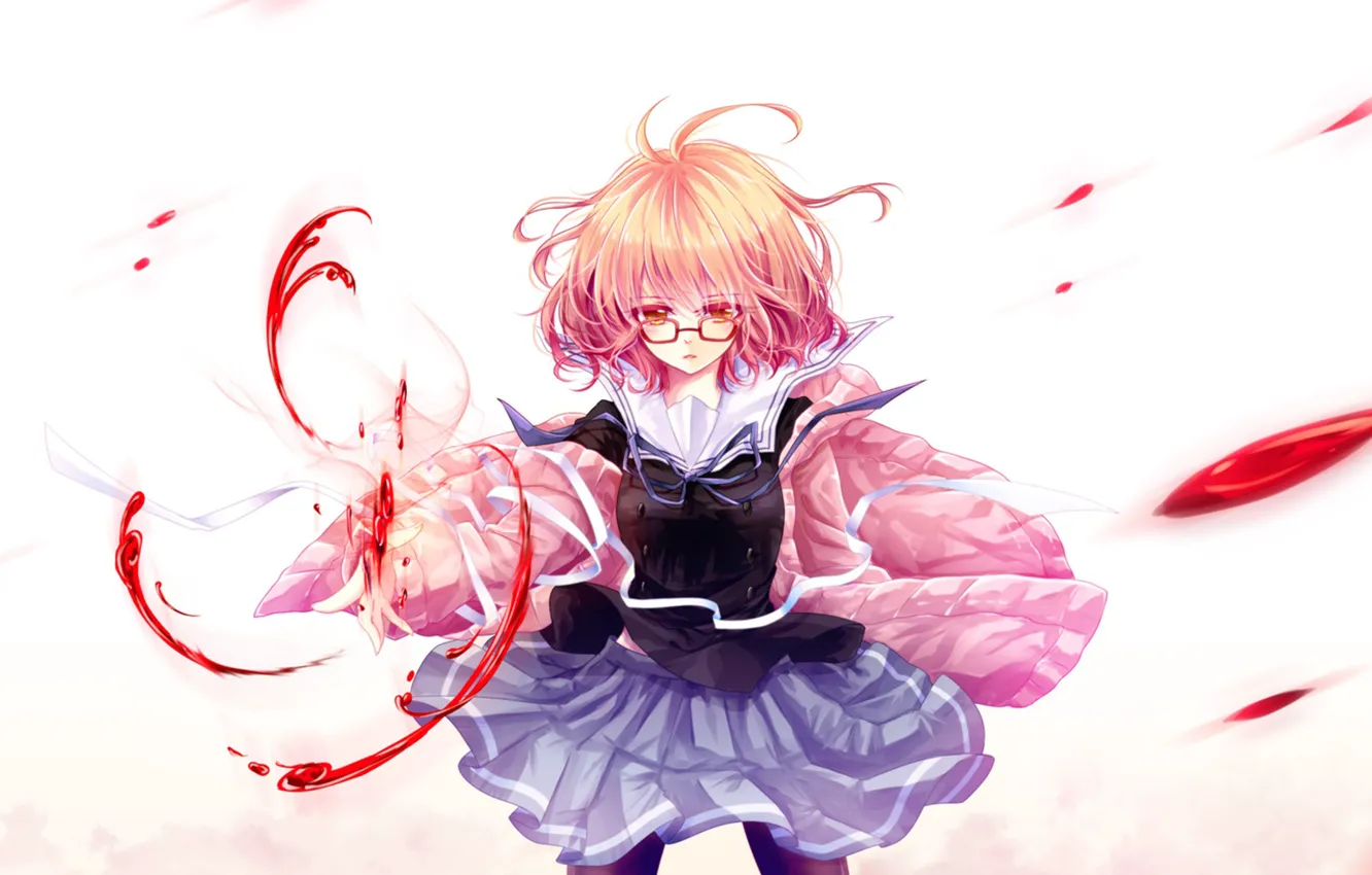 Photo wallpaper girl, blood, anime, art, glasses, mokoppe, kyoukai no kanata, mirai kuriyama