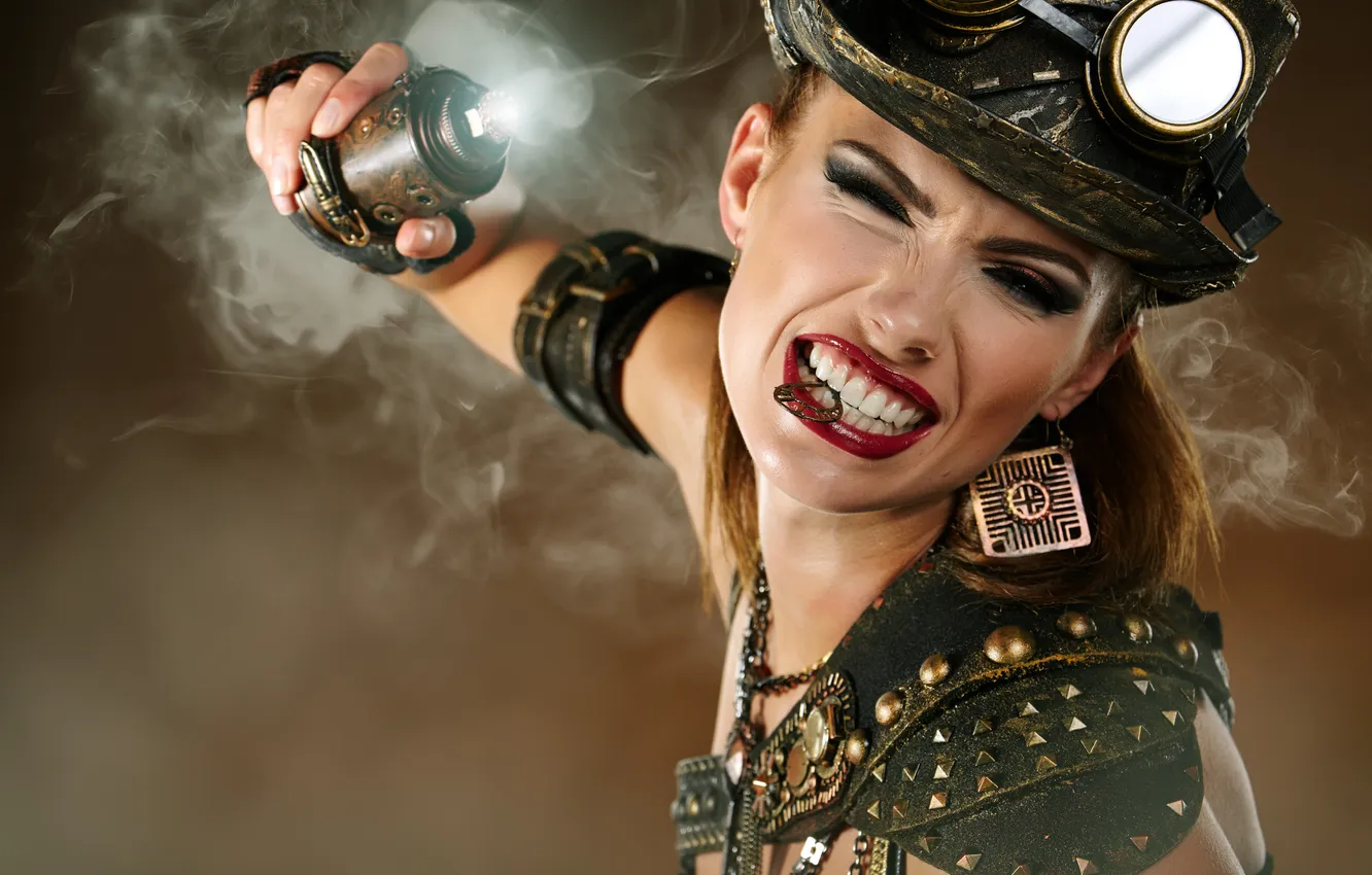 Photo wallpaper girl, hat, glasses, check, garnet, explosives