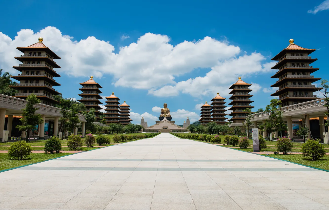 Photo wallpaper summer, the sky, clouds, trees, the city, blue, China, statue