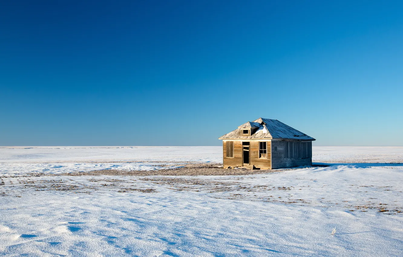 Photo wallpaper winter, field, landscape, house