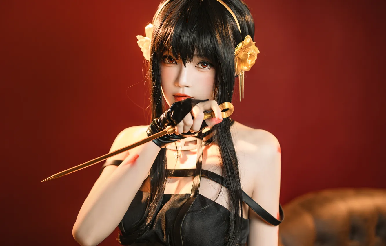 Photo wallpaper pose, weapons, model, brunette, Asian, beauty, model, beauty