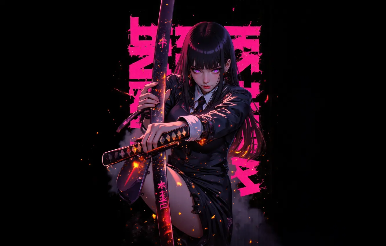 Photo wallpaper dark, girl, sword, katana, samurai