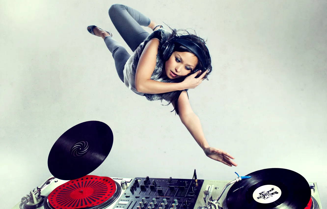 Photo wallpaper headphones, remote, vinyl, record, girl