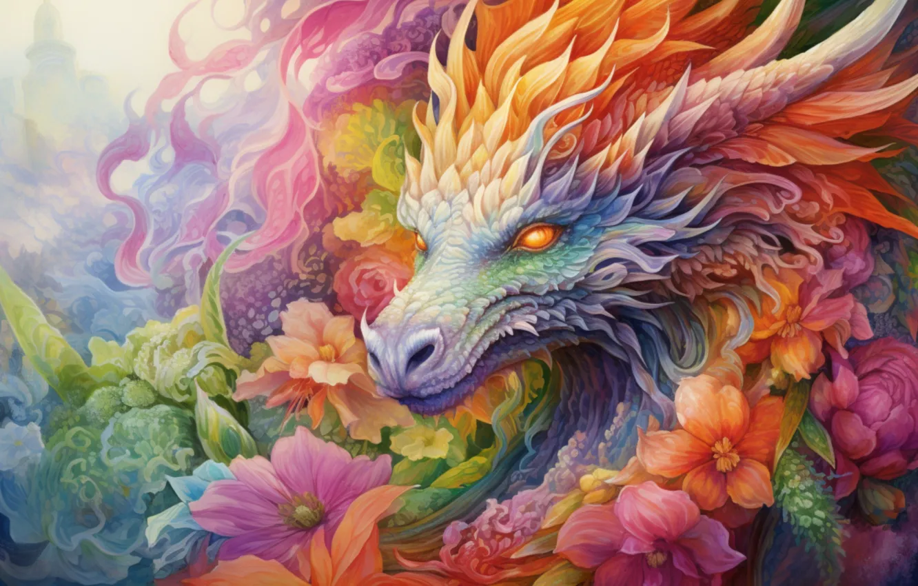 Photo wallpaper look, face, flowers, dragon, figure, graphics, portrait, ornament