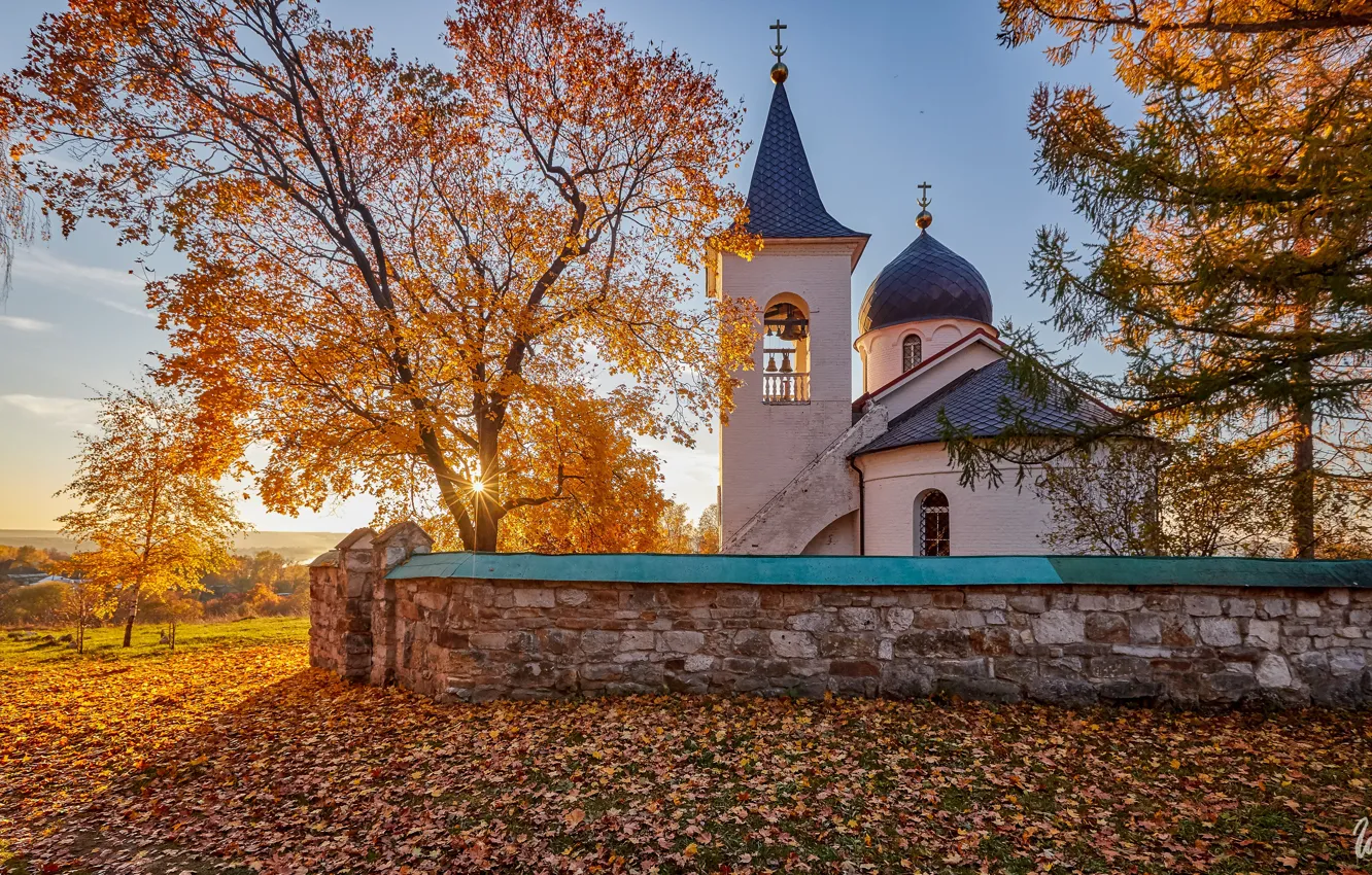 Photo wallpaper the sun, rays, landscape, village, Church, Tula oblast, Ilya Garbuzov, Behovo
