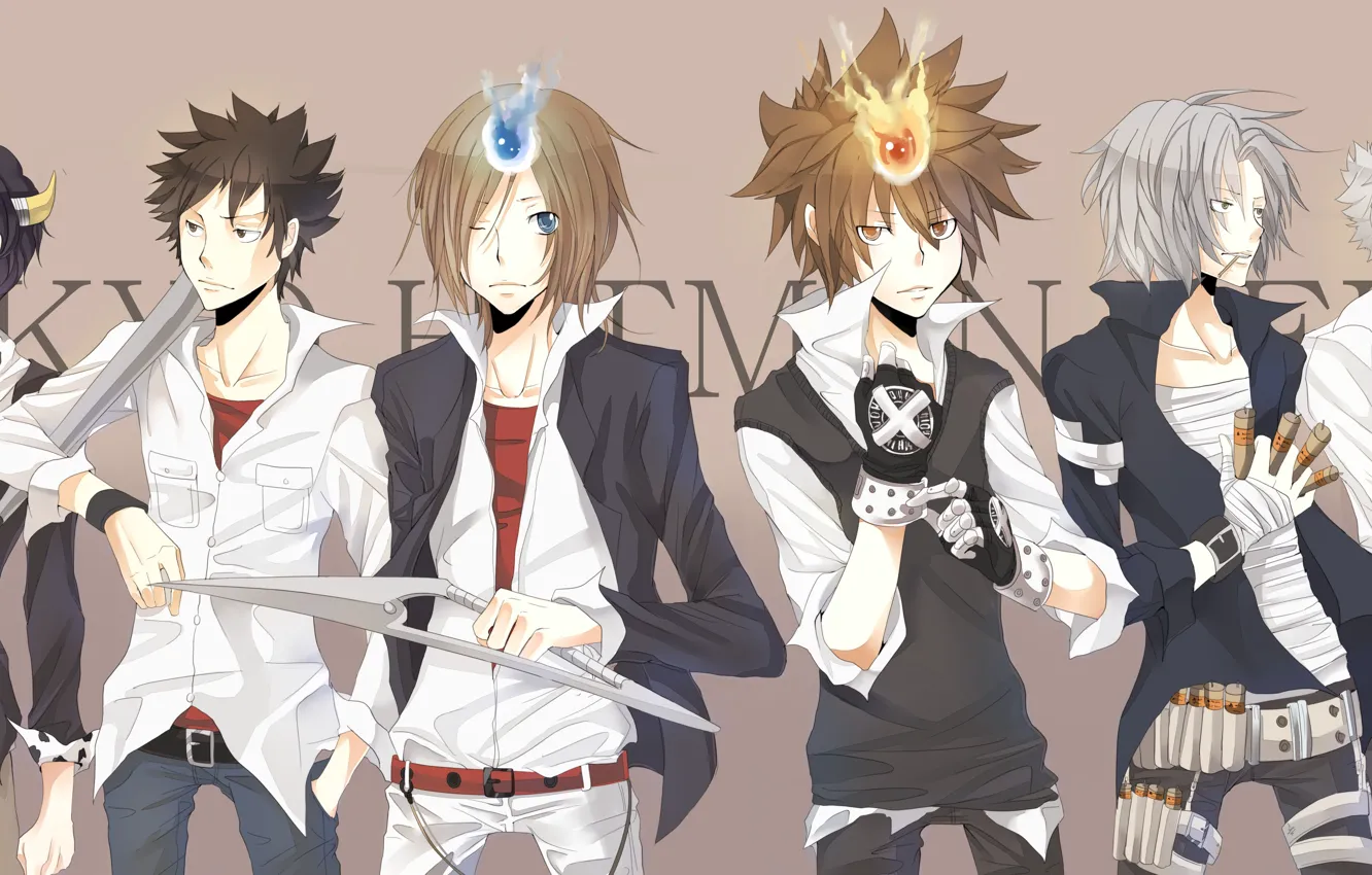 Photo wallpaper anime, guys, Lambo, characters, Sawada Tsunayoshi, Rokudou Mukuro, Katekyo Hitman REBORN!, Hibari Kyoya