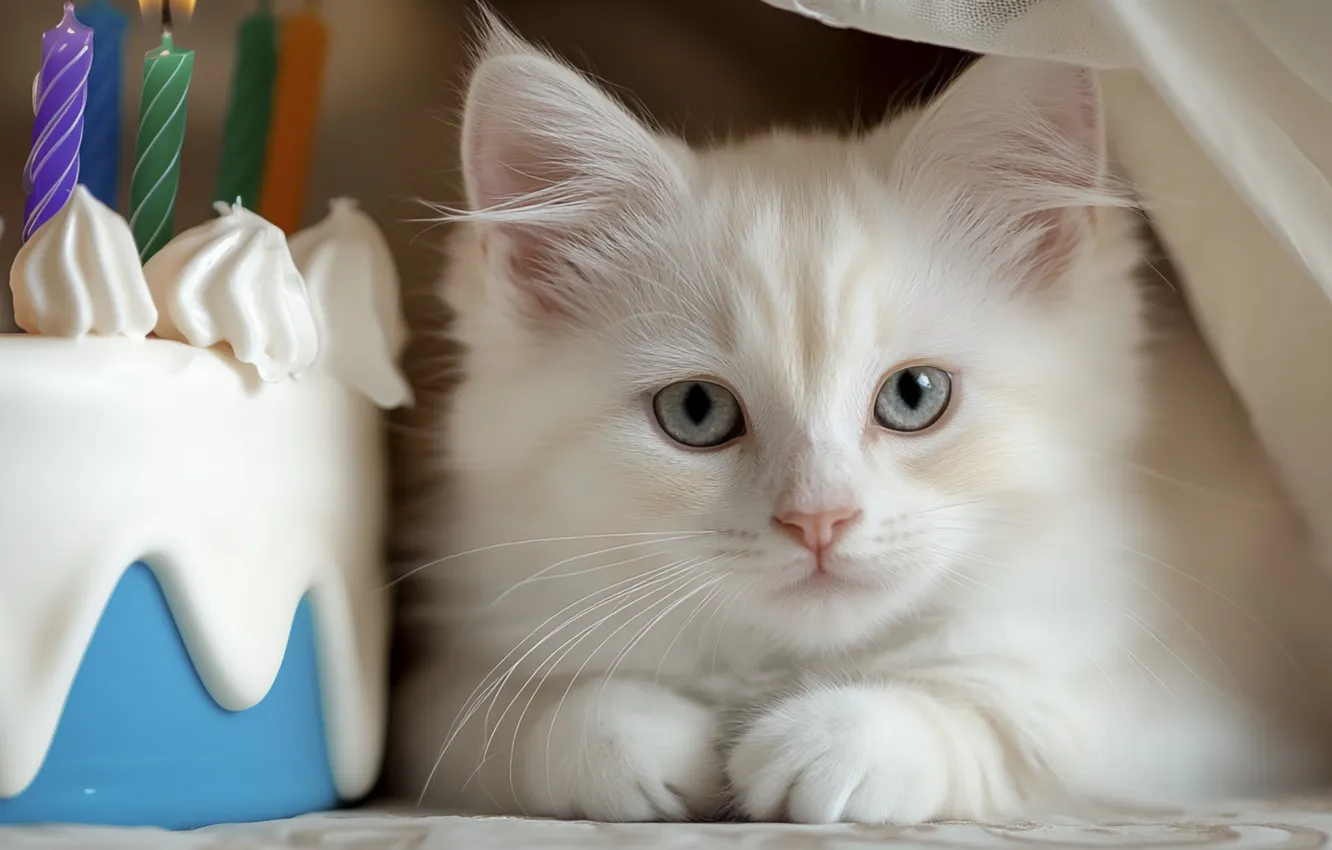 Photo wallpaper cat, white, look, pose, portrait, cake, kitty, face