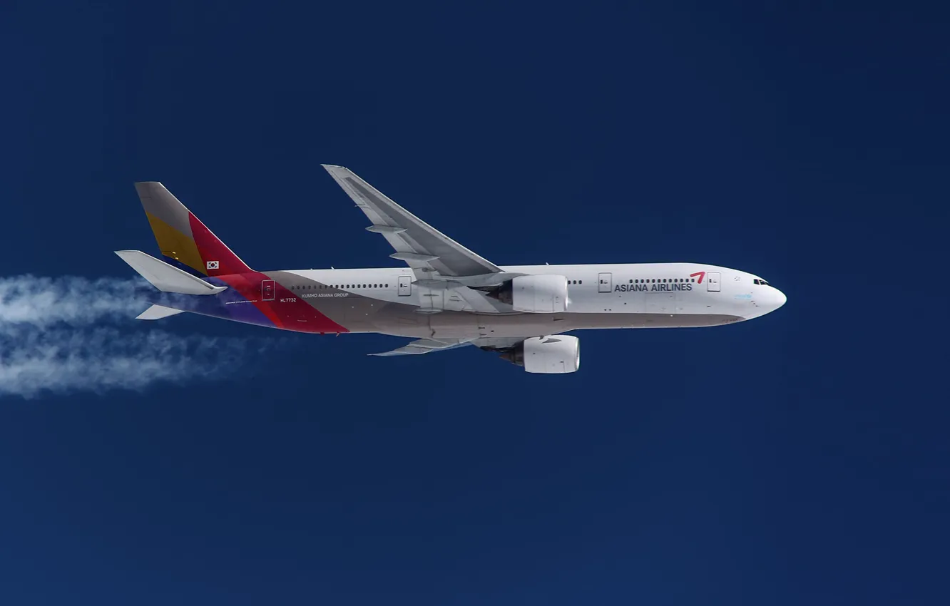 Photo wallpaper The plane, Boeing 777, In flight, Contrail, Asiana Airlines