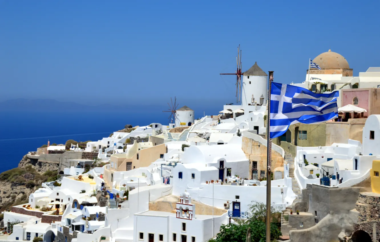 Photo wallpaper Santorini, flag, house