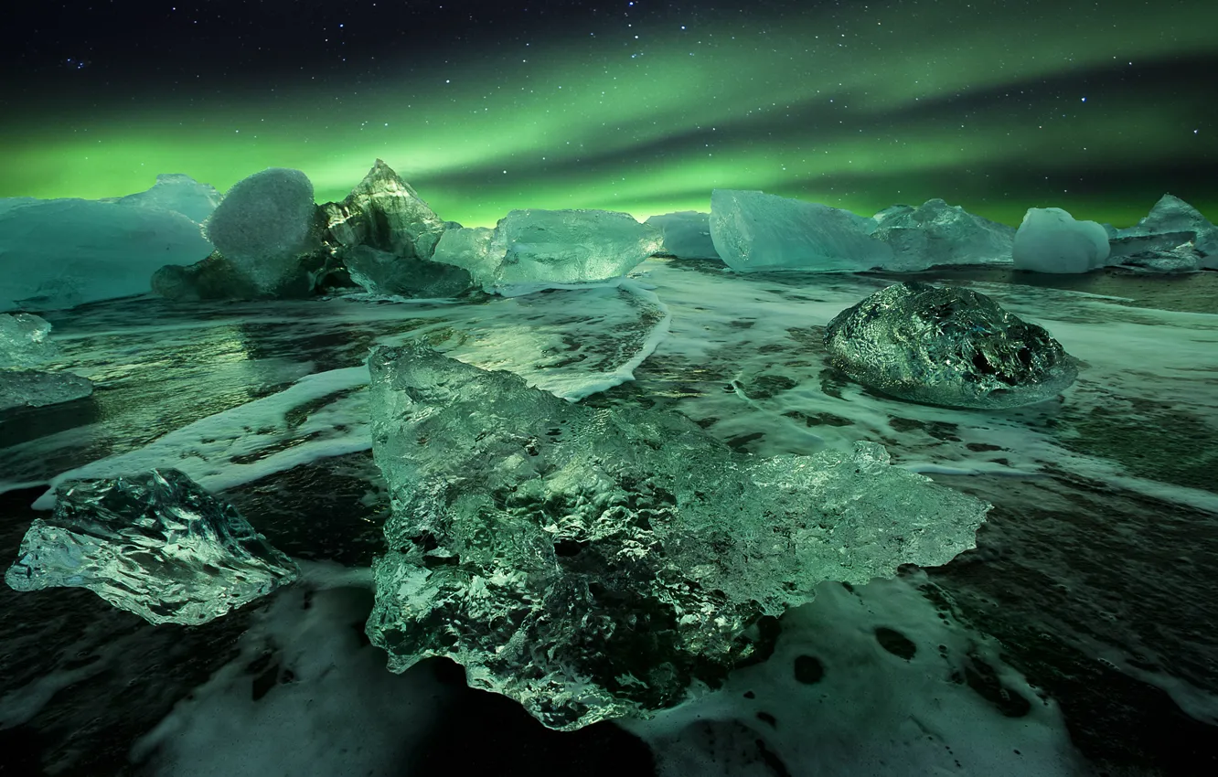 Photo wallpaper ice, night, shore, ice, Northern lights