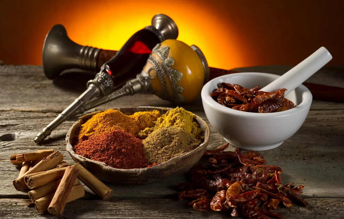 Photo wallpaper table, cinnamon, spices, mortar, red pepper, curry