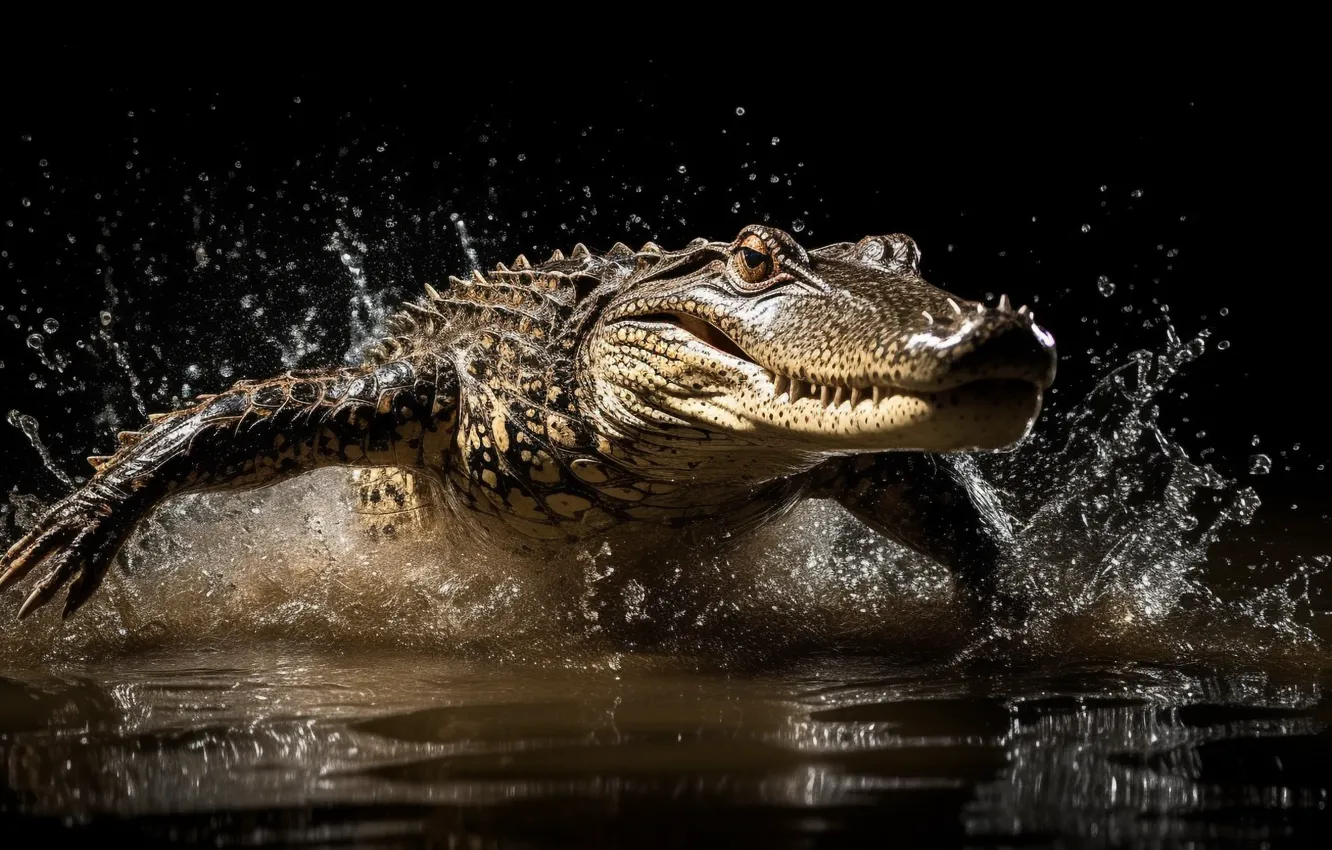 Photo wallpaper jump, crocodile, bathing, pond, digital art, AI art, The Art of Artificial Intelligence, neural network