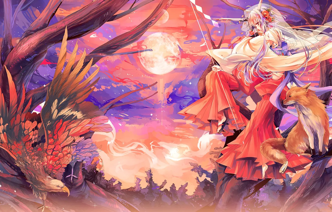 Photo wallpaper girl, bird, the moon, anime, Fox, eagle, Fox, animals