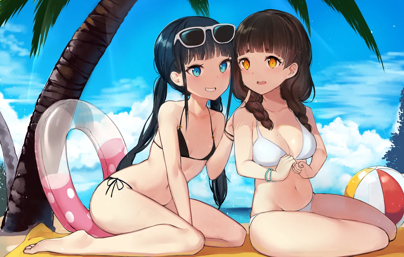 Photo wallpaper sexy, cleavage, beach, long hair, sea, girls, brown hair, boobs