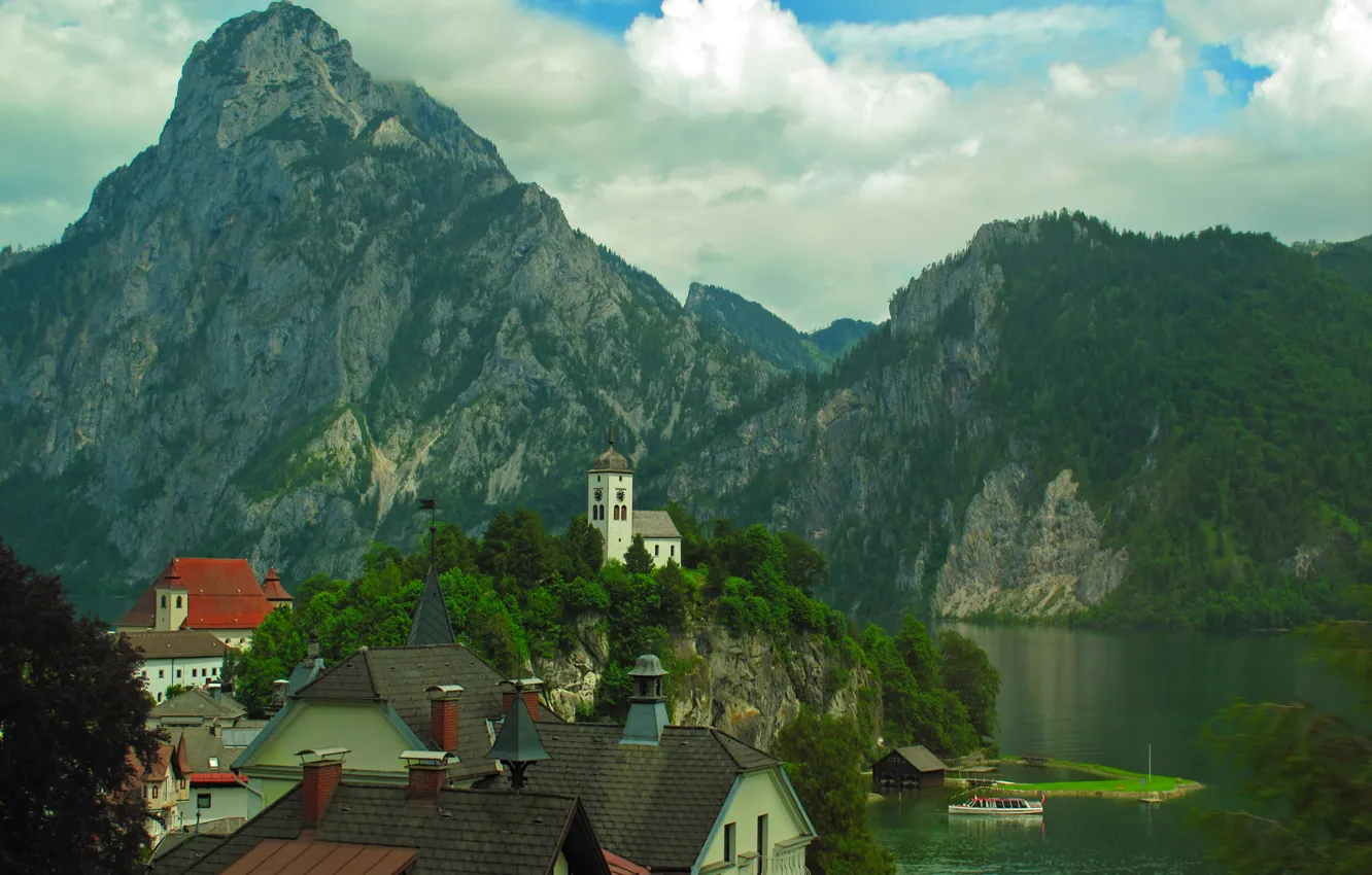 Photo wallpaper trees, mountains, lake, rocks, home, Austria, chapel, Traunkirchen
