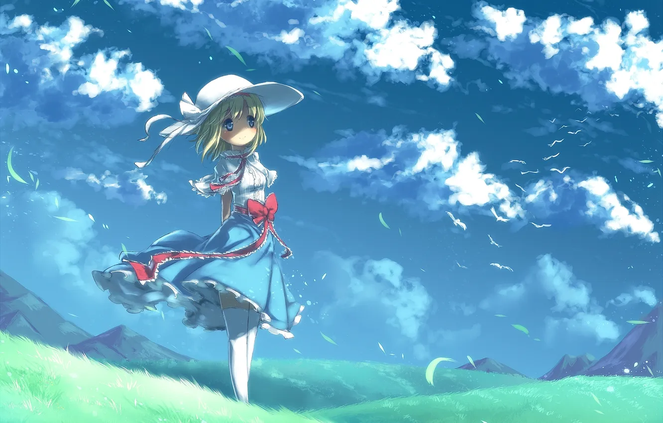 Photo wallpaper field, grass, girl, clouds, mountains, the wind, hat, art