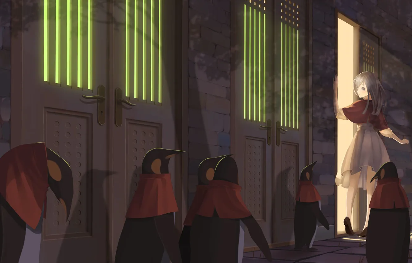 Photo wallpaper girl, anime, penguins, the door, art, throtem