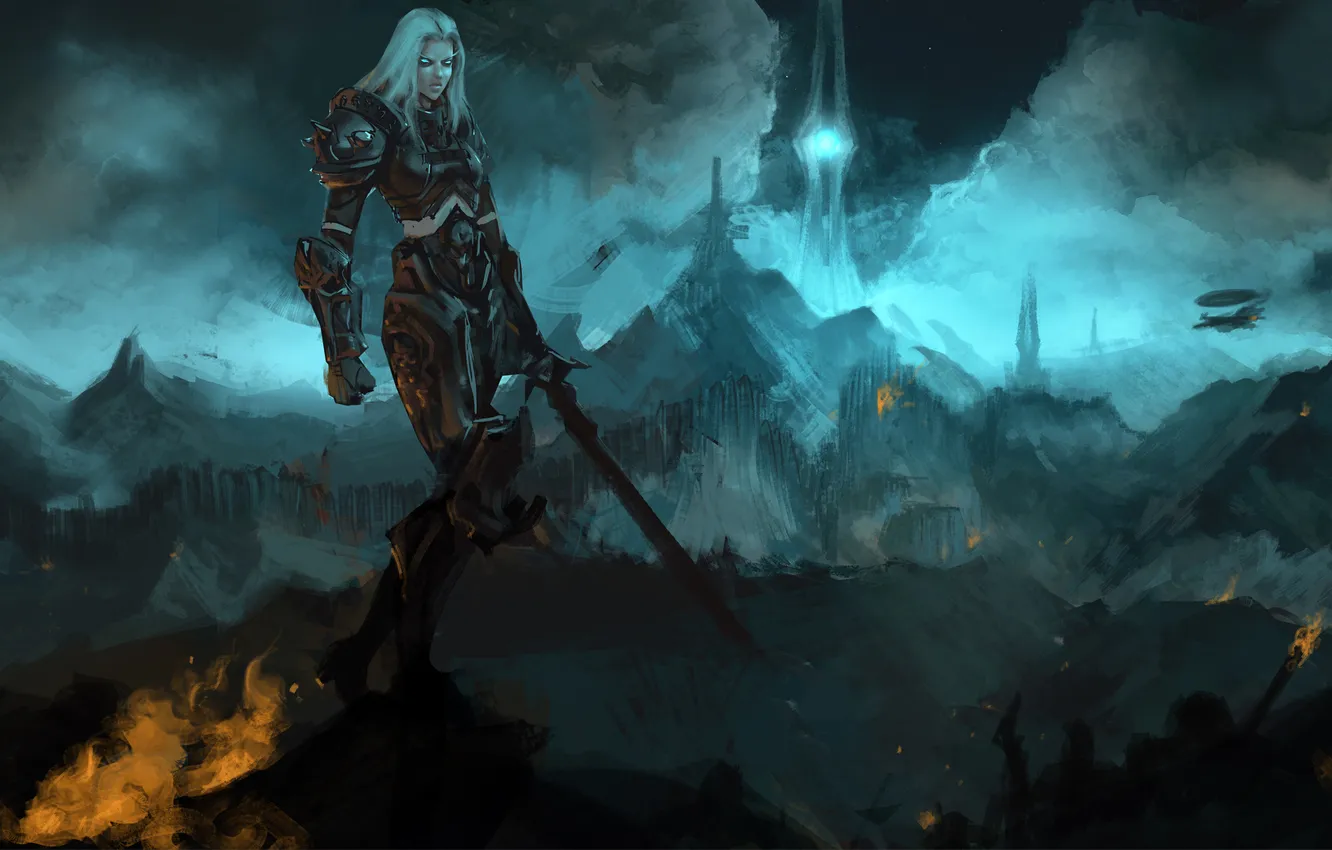 Photo wallpaper girl, mountains, fire, tower, sword, art, World of Warcraft, wow