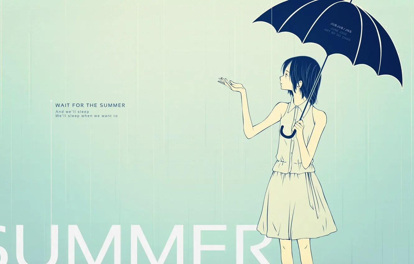Photo wallpaper girl, background, rain, the inscription, umbrella, summer
