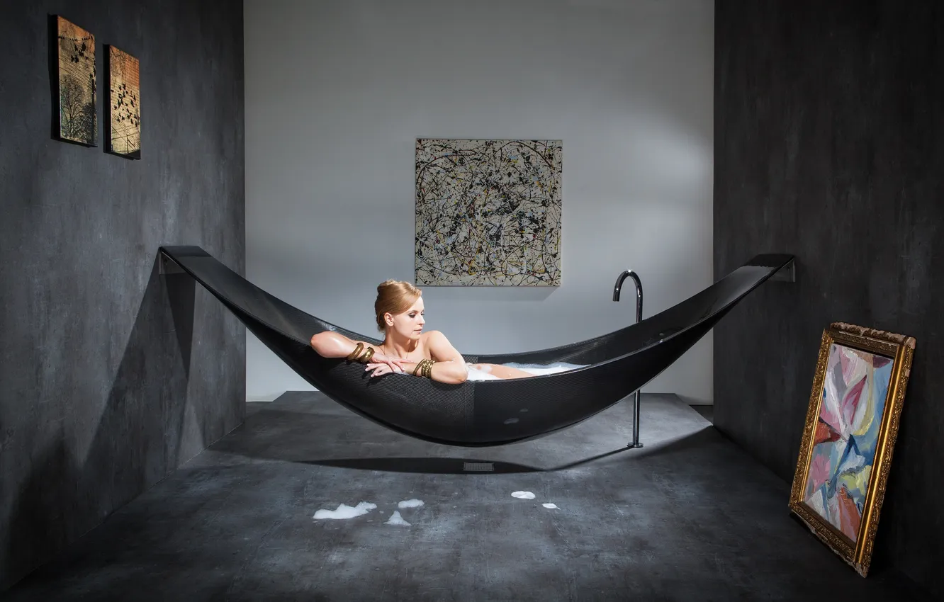 Photo wallpaper relax, girl, bubbles, black, water, bath, luxury