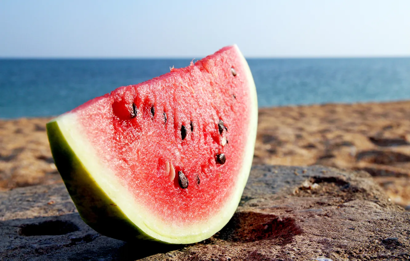 Photo wallpaper beach, shore, watermelon, slices, piece, water melon