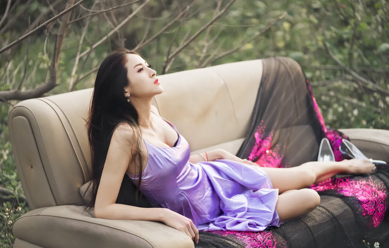 Photo wallpaper girl, nature, sofa, dress