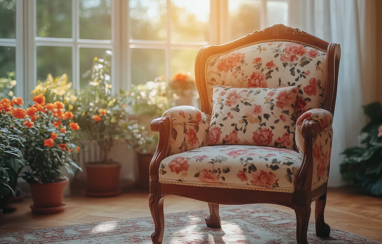 Photo wallpaper summer, glass, light, flowers, retro, room, frame, interior