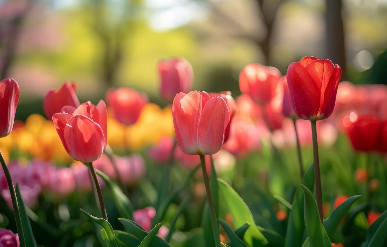 Photo wallpaper flowers, tulips, AI art, spring, garden, neural network