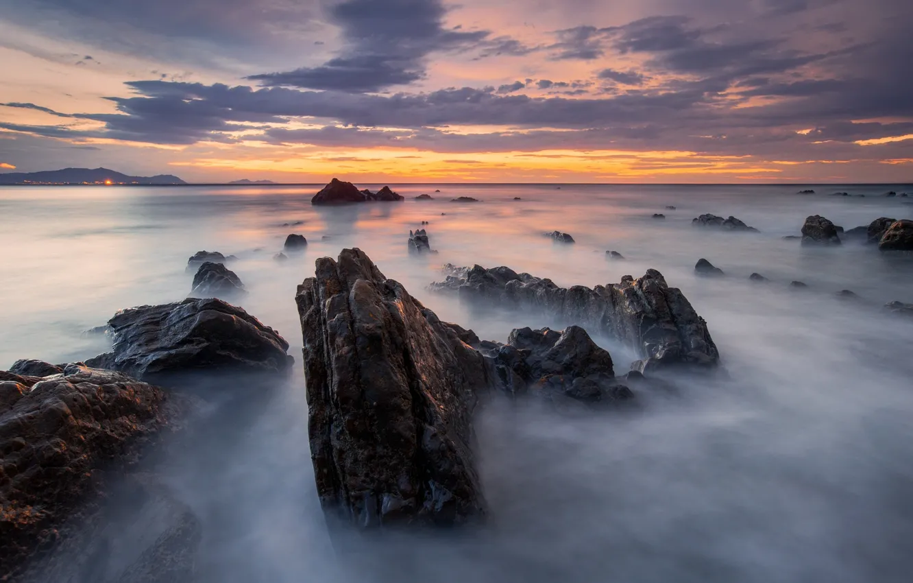 Photo wallpaper beach, the sky, clouds, stones, rocks, excerpt, Spain, Barrika