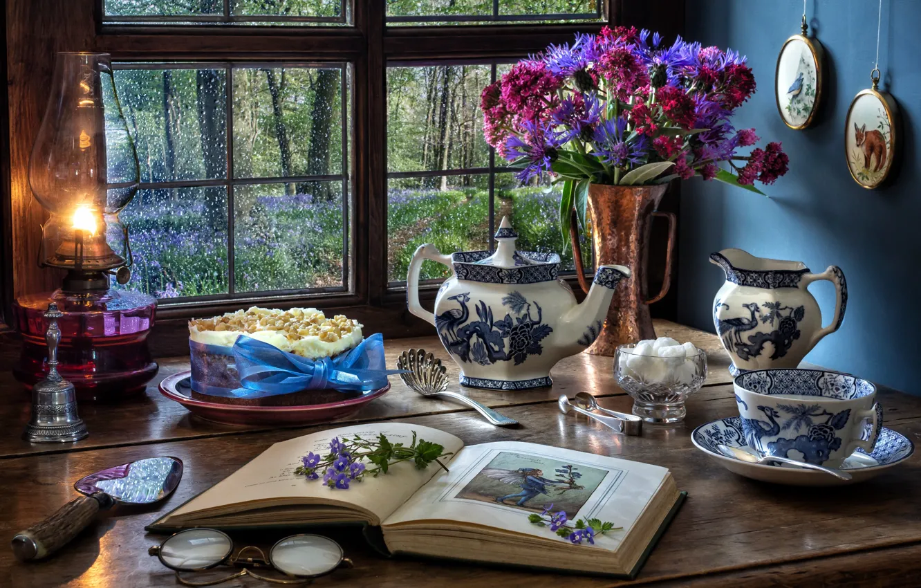 Photo wallpaper flowers, style, lamp, bouquet, kettle, window, glasses, mug