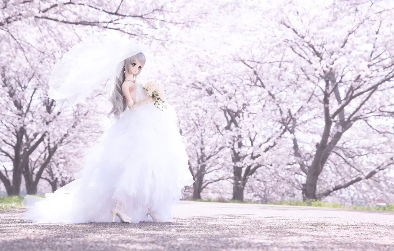 Photo wallpaper umbrella, doll, Sakura, dress