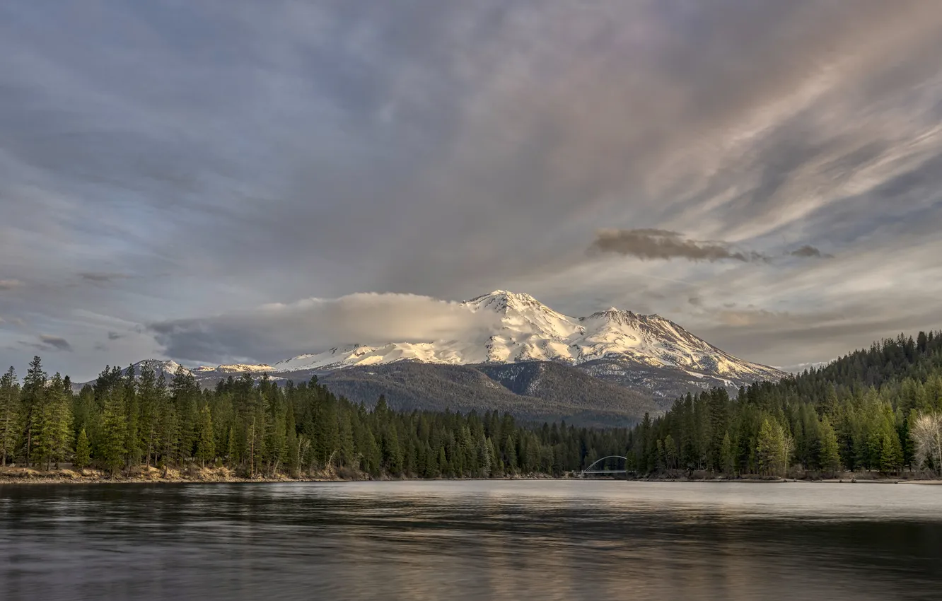 Photo wallpaper forest, the sky, clouds, snow, mountains, river, tops, ate